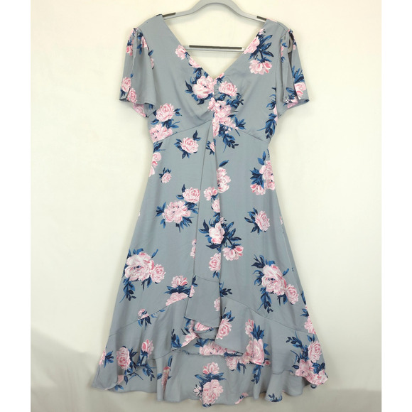 Candies Ruffled Midi Dress Babydoll Lined High Low Women S Gray Pink Floral - Picture 2 of 14